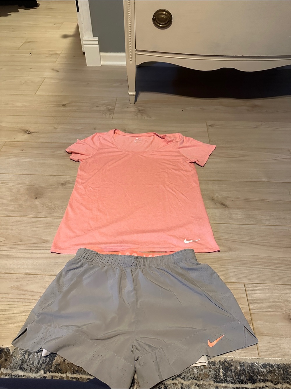 Nike Coral Pink Performance Tee with Gray Running Shorts